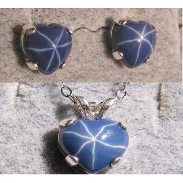 LINDE LINDY CF BLUE STAR SAPPHIRE CREATED HEART EARRING PENDANT CHAIN SET .925