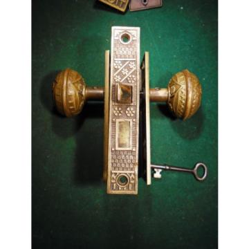 VINTAGE BRONZE SET of F.C. LINDE KNOBS, PLATES &amp; MORTISE LOCK w/KEY   (7329)