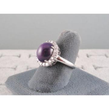 VINTAGE LINDE LINDY PLUM PURPLE STAR SAPPHIRE CREATED HALO RING RD PLT .925 SS