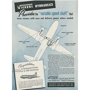 1949 Vickers Aircraft Hydraulics Ad Continental Airlines 15th Anniversary