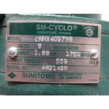 Sumitomo SM-Cyclo CNHX4097Y8 Inline Gear Reducer 8:1 Ratio 189 Hp 1750RPM