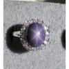 VINTAGE LINDE LINDY PERIWINKLE STAR SAPPHIRE CREATED HALO RING RD PLT .925 SS