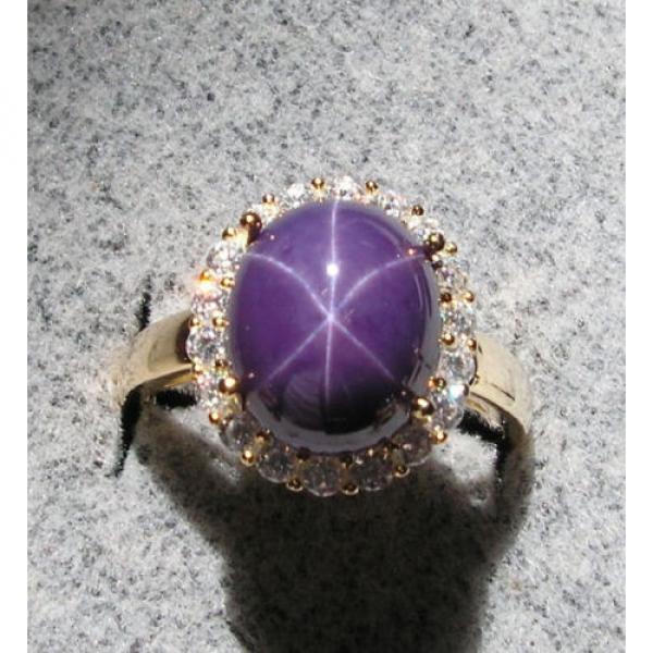 VINTAGE LINDE LINDY PLUM PURPLE STAR SAPPHIRE CREATED HALO RING YLGD PLT .925 SS #1 image