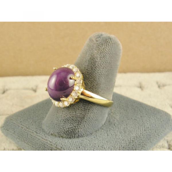 VINTAGE LINDE LINDY PLUM PURPLE STAR SAPPHIRE CREATED HALO RING YLGD PLT .925 SS #2 image