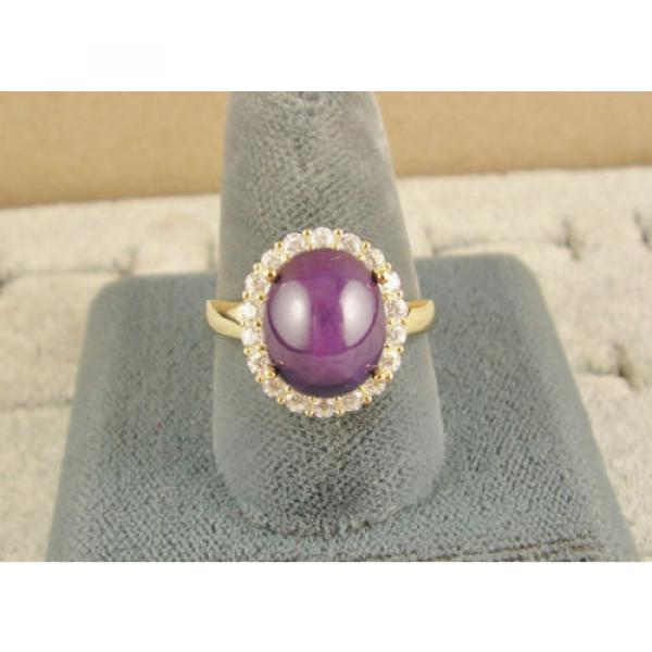 VINTAGE LINDE LINDY PLUM PURPLE STAR SAPPHIRE CREATED HALO RING YLGD PLT .925 SS #4 image