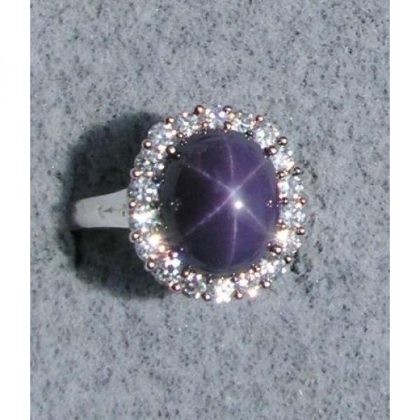 VINTAGE LINDE LINDY PLUM PURPLE STAR SAPPHIRE CREATED HALO RING RD PLT .925 SS #1 image