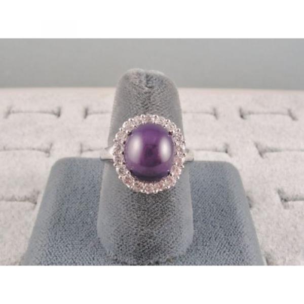 VINTAGE LINDE LINDY PLUM PURPLE STAR SAPPHIRE CREATED HALO RING RD PLT .925 SS #4 image