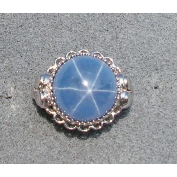 28CT 18MM PMP LINDE LINDY CEYLON BLUE STAR SAPPHIRE CREATED RHODIUM PL S/S RING #1 image