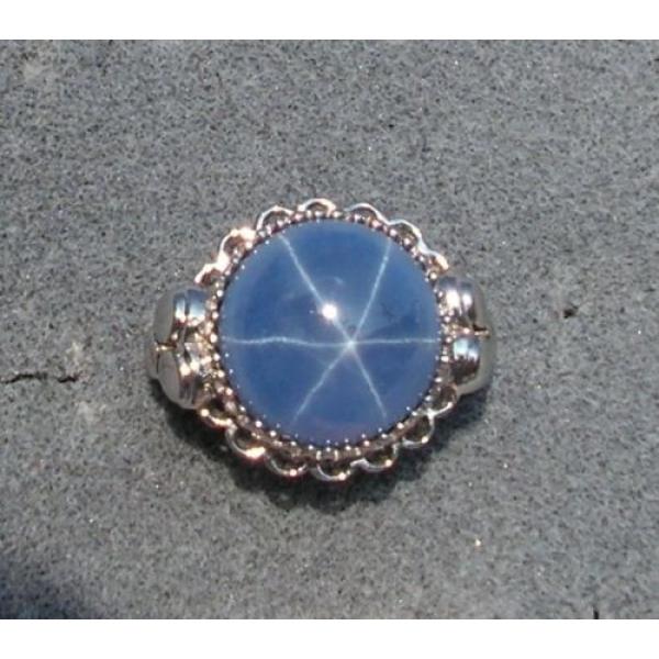 28CT 18MM PMP LINDE LINDY CEYLON BLUE STAR SAPPHIRE CREATED RHODIUM PL S/S RING #6 image