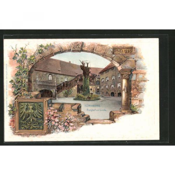 alte Passepartout-Lithographie Nürnberg, Burghof mit Linde, Stadtwappen #1 image