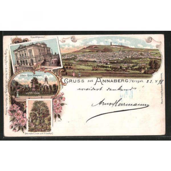 Lithographie Annaberg, Panorama, Stadttheater, Adam Ries Denkmal und alte Linde #1 image