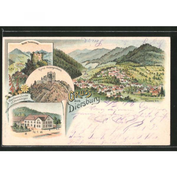 Lithographie Diersburg, Ruine Thiersberg, Gasthaus Linde, Gesamtansicht 1906 #1 image