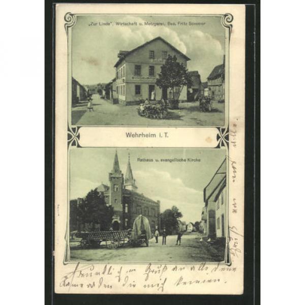 AK Wehrheim, Gasthaus u. Metzgerei zur Linde, Bes. F. Sommer, Rathaus u. ev. Ki #1 image