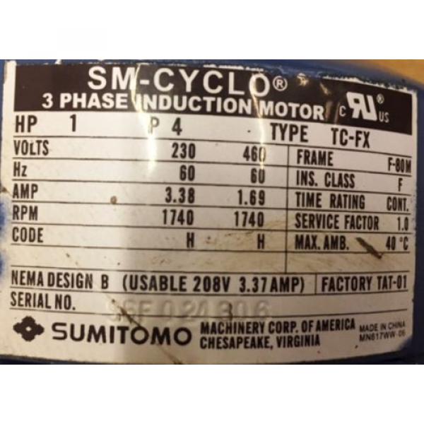 SUMITOMO SM-CYCLO INDUCTION GEAR MOTOR CNHM1-6100YC-29, 1 HP, 3 PH, RATIO 29:1 #3 image